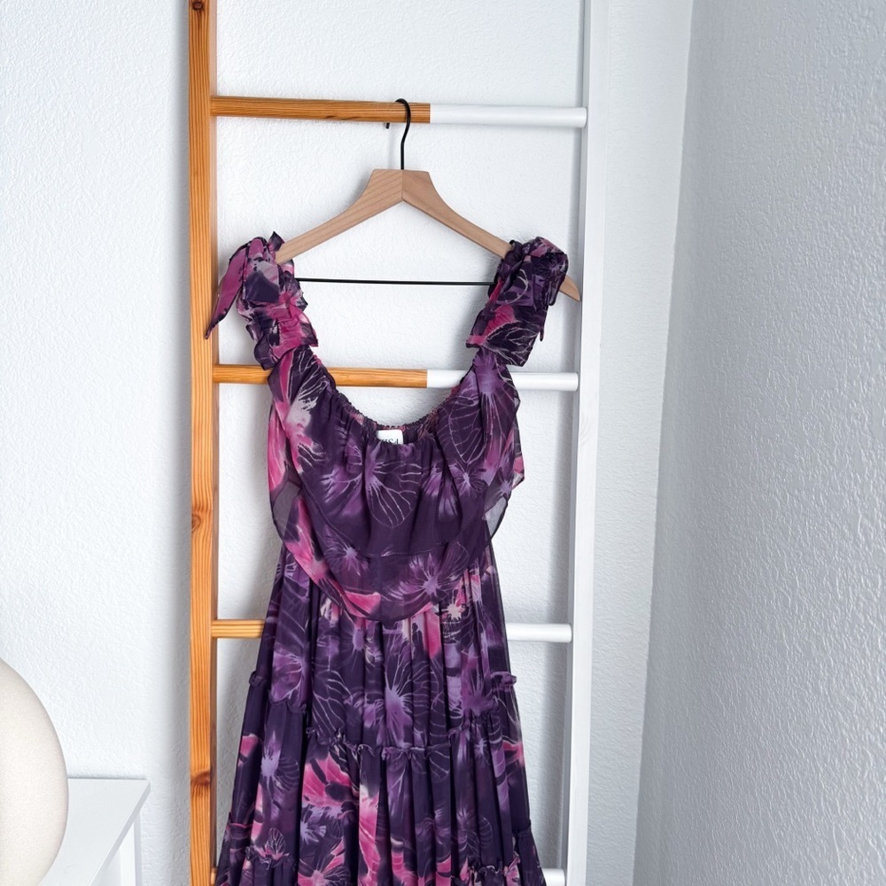 MISA Los Angeles Micaela Dress in Purple Pink Floral Off The Shoulder Ruffle - Picture 6 of 12